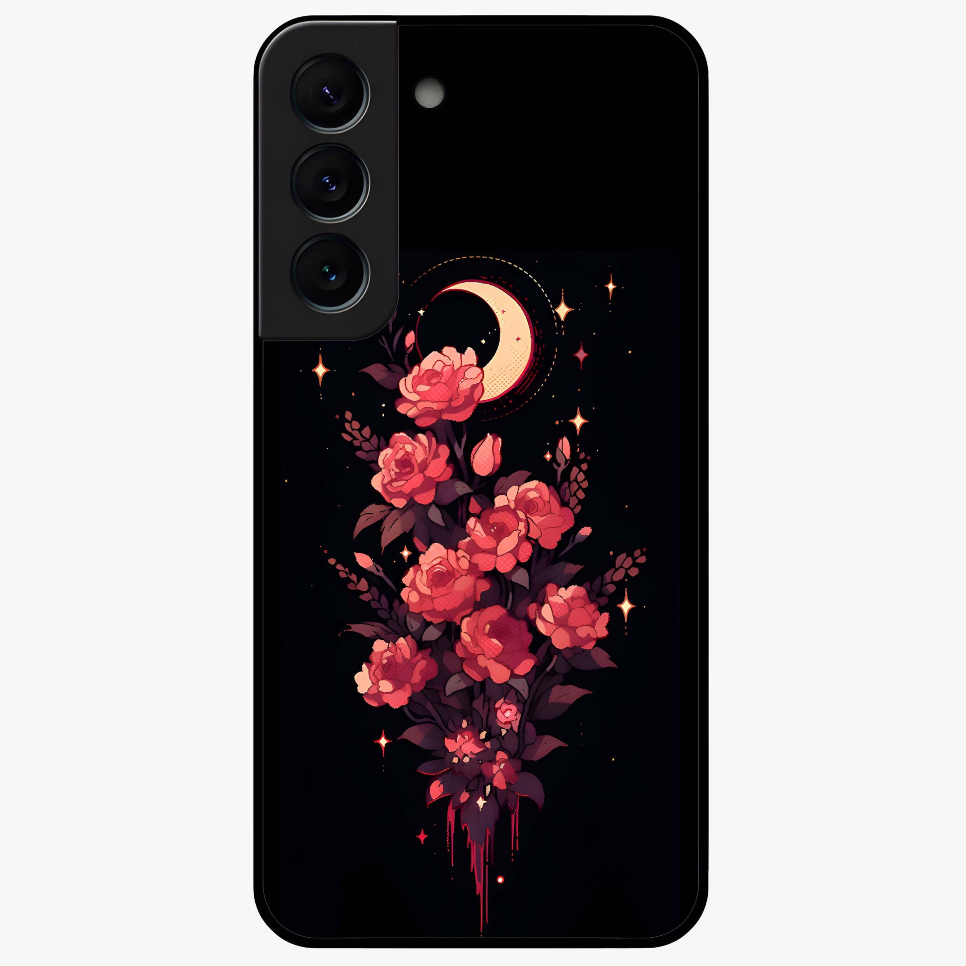 Moonlit Floral Elegance Glass Case showing flat back view with elegant floral artwork under moonlit tones and glossy glass finish.