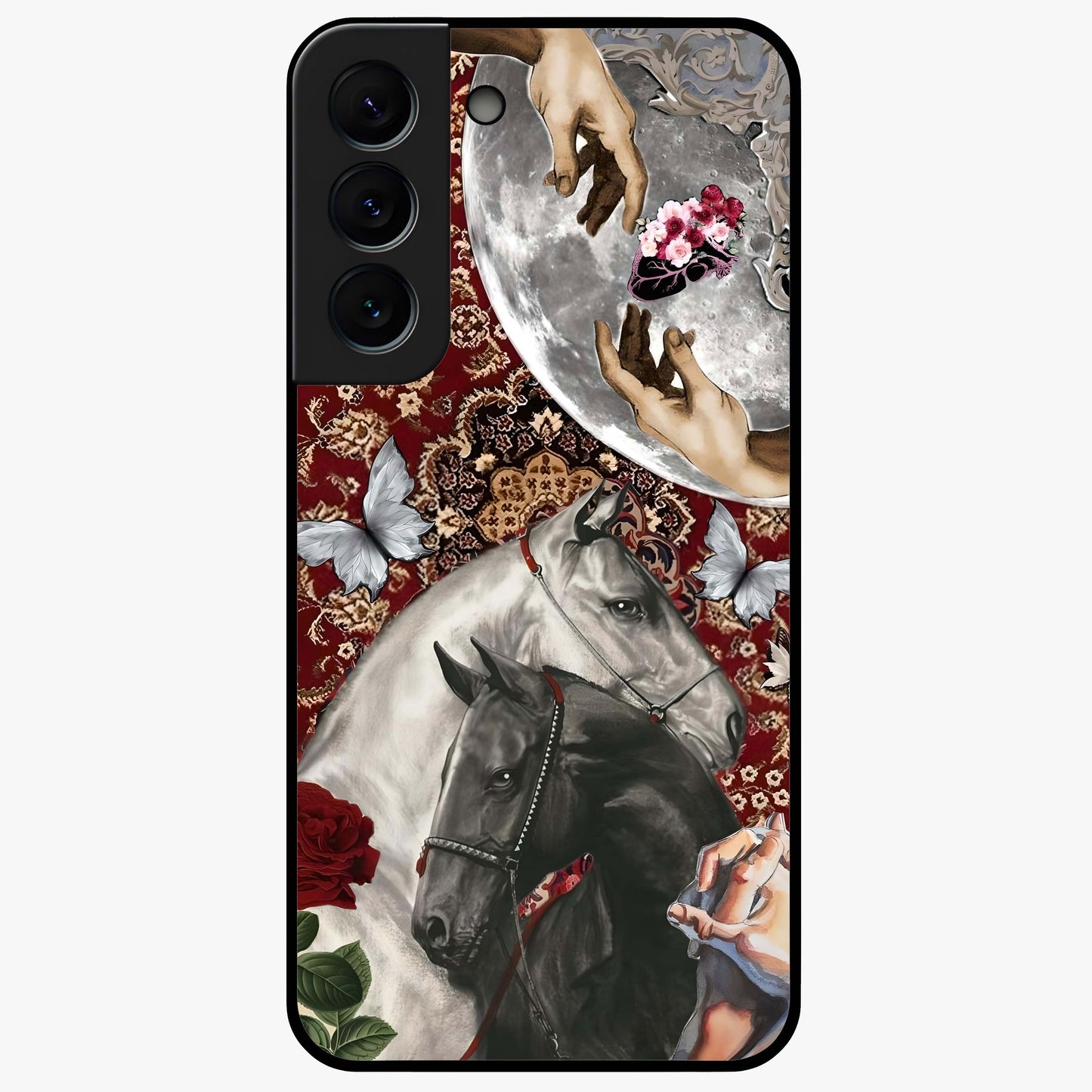 Moonlit Royal Stallion Glass Case showing flat back view with majestic horse under moonlight artwork and glossy glass finish.