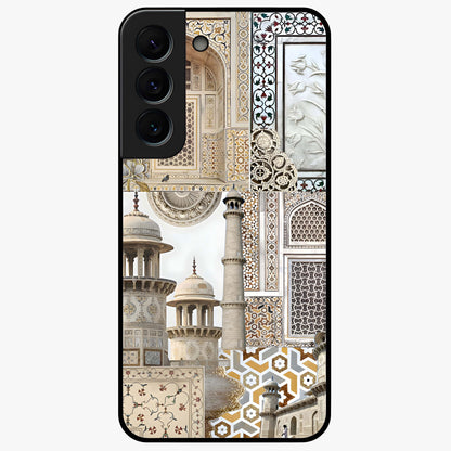 Mughal Marble Legacy Glass Case showing flat back view with intricate Mughal inspired marble pattern and glossy glass finish.