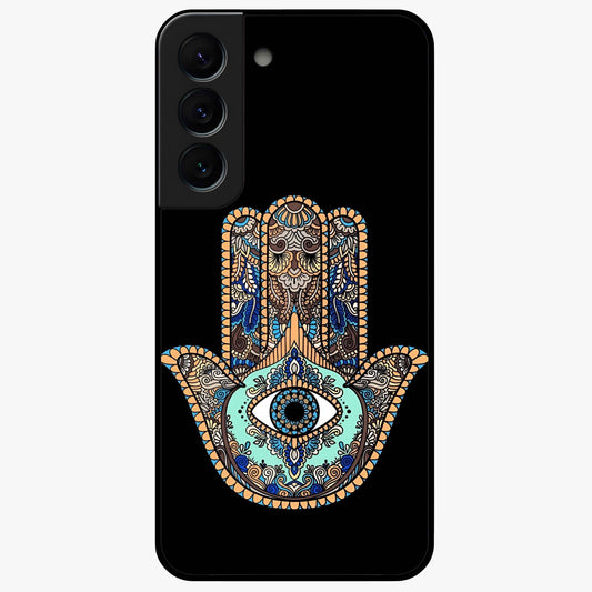 Mystic Hamsa Eye Glass Case showing flat back view with protective hamsa hand and evil eye artwork and glossy glass finish.