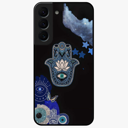 Mystic Hand Aura Glass Case showing flat back view with mystical hand symbol artwork and glossy glass finish.