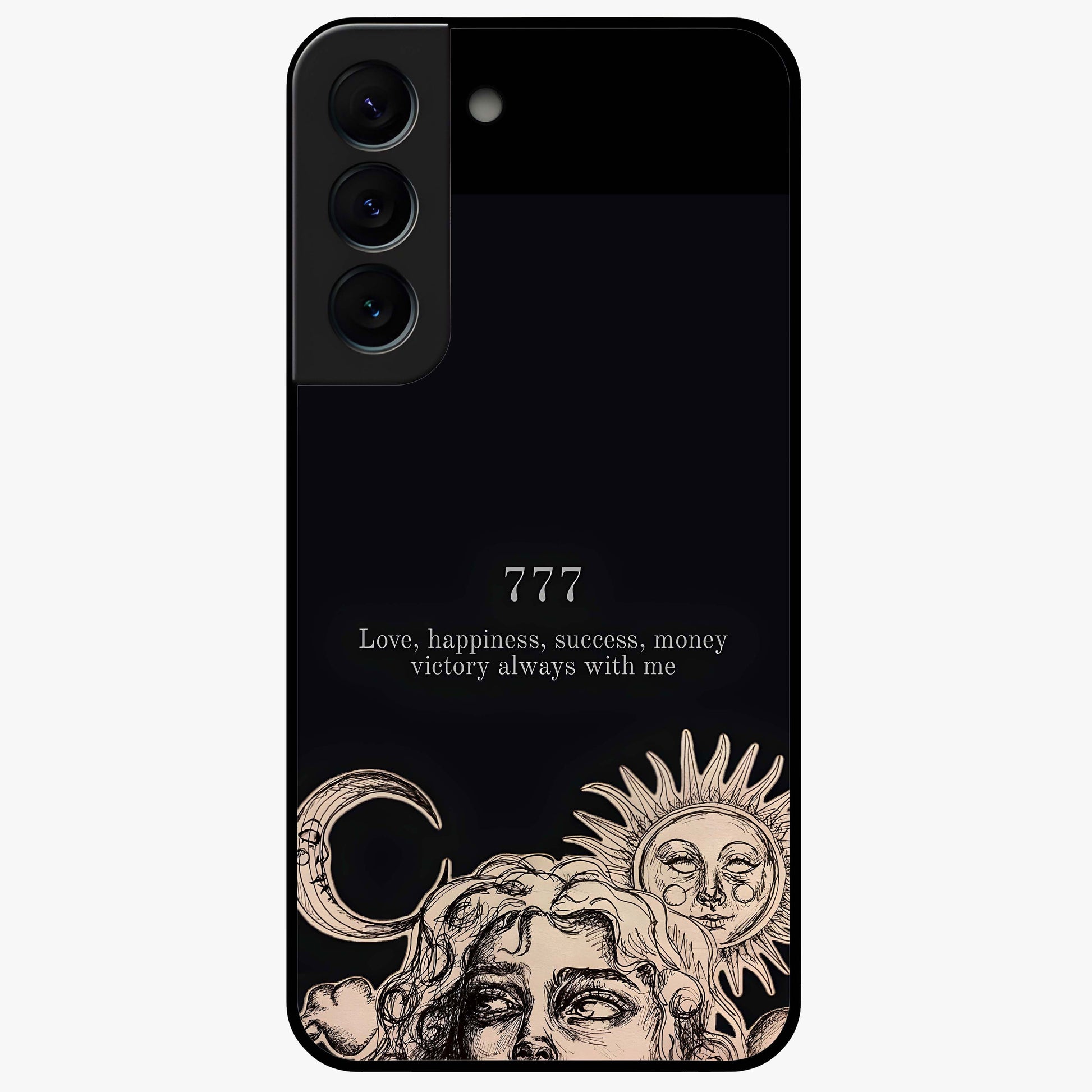 Mystic Victory Aura Glass Case showing flat back view with victory symbol artwork and glossy glass finish.