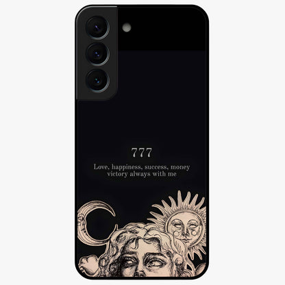 Mystic Victory Aura Glass Case showing flat back view with victory symbol artwork and glossy glass finish.