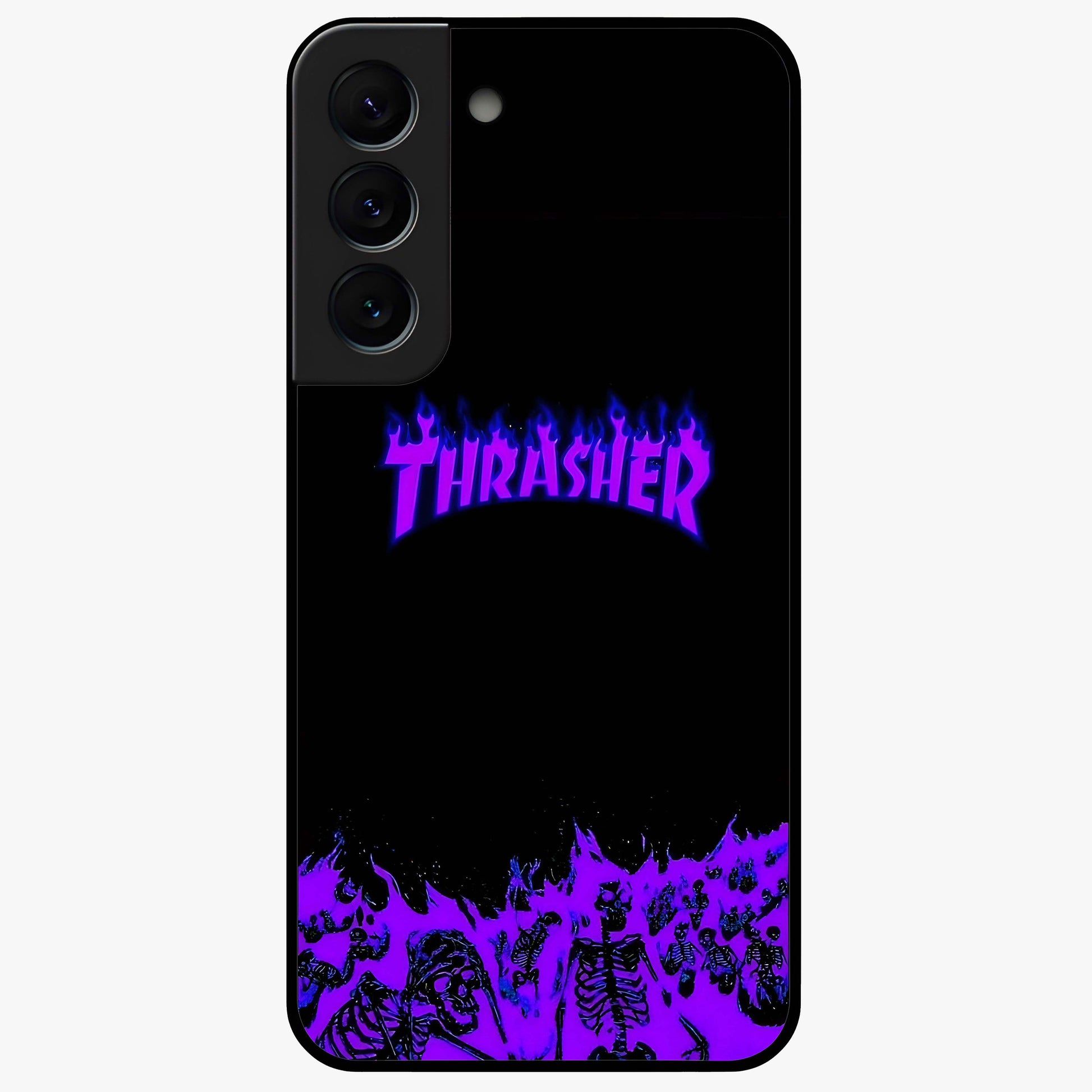 Neon Flame Riot Glass Case showing flat back view with neon flame artwork and glossy glass finish.
