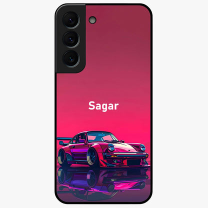 Neon Pink Porsche Glass Case showing flat back view with stylish sports car artwork and glossy glass finish.
