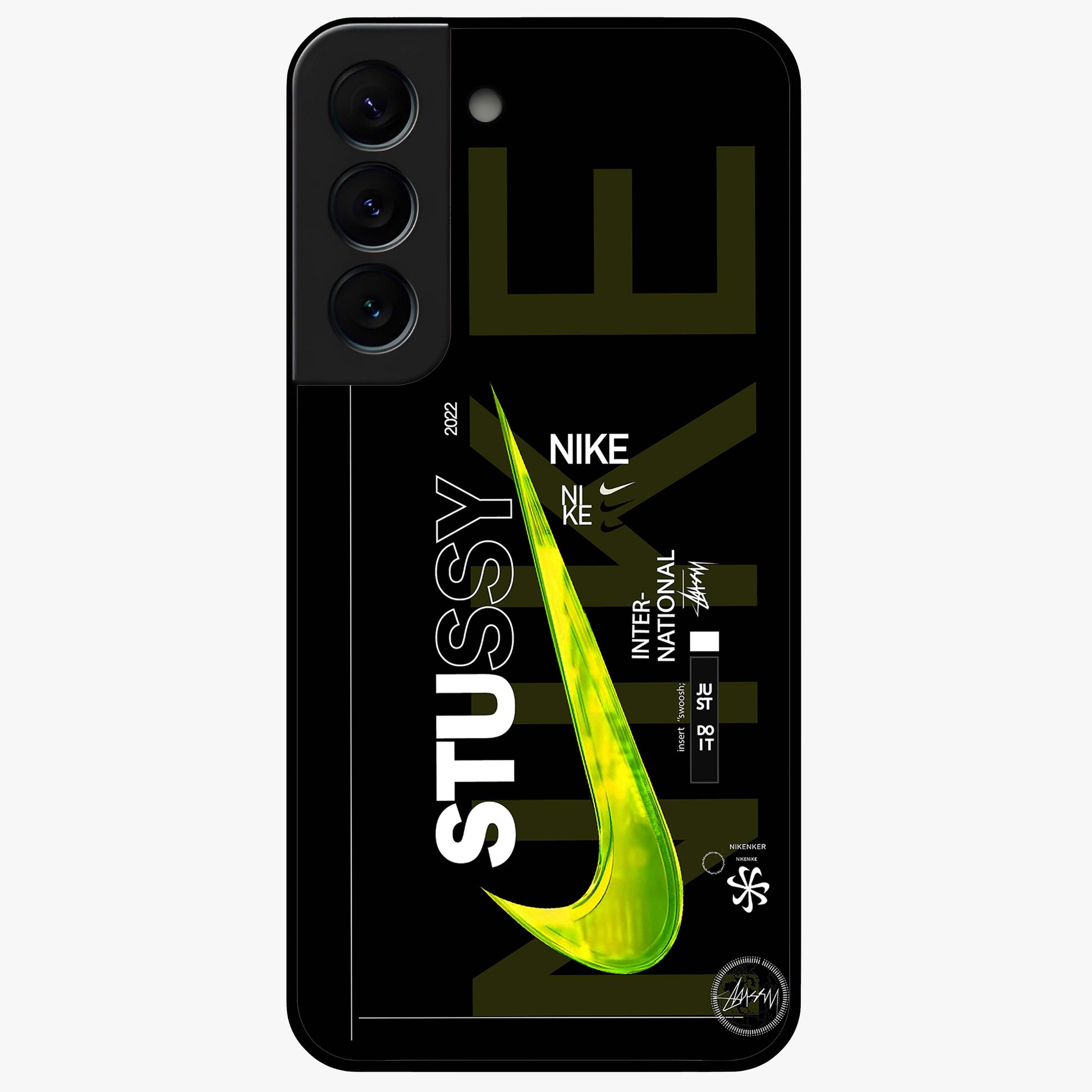 Neon Street Edition Glass Case showing flat back view with neon street style artwork and glossy glass finish.