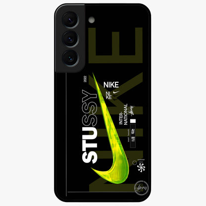 Neon Street Edition Glass Case showing flat back view with neon street style artwork and glossy glass finish.