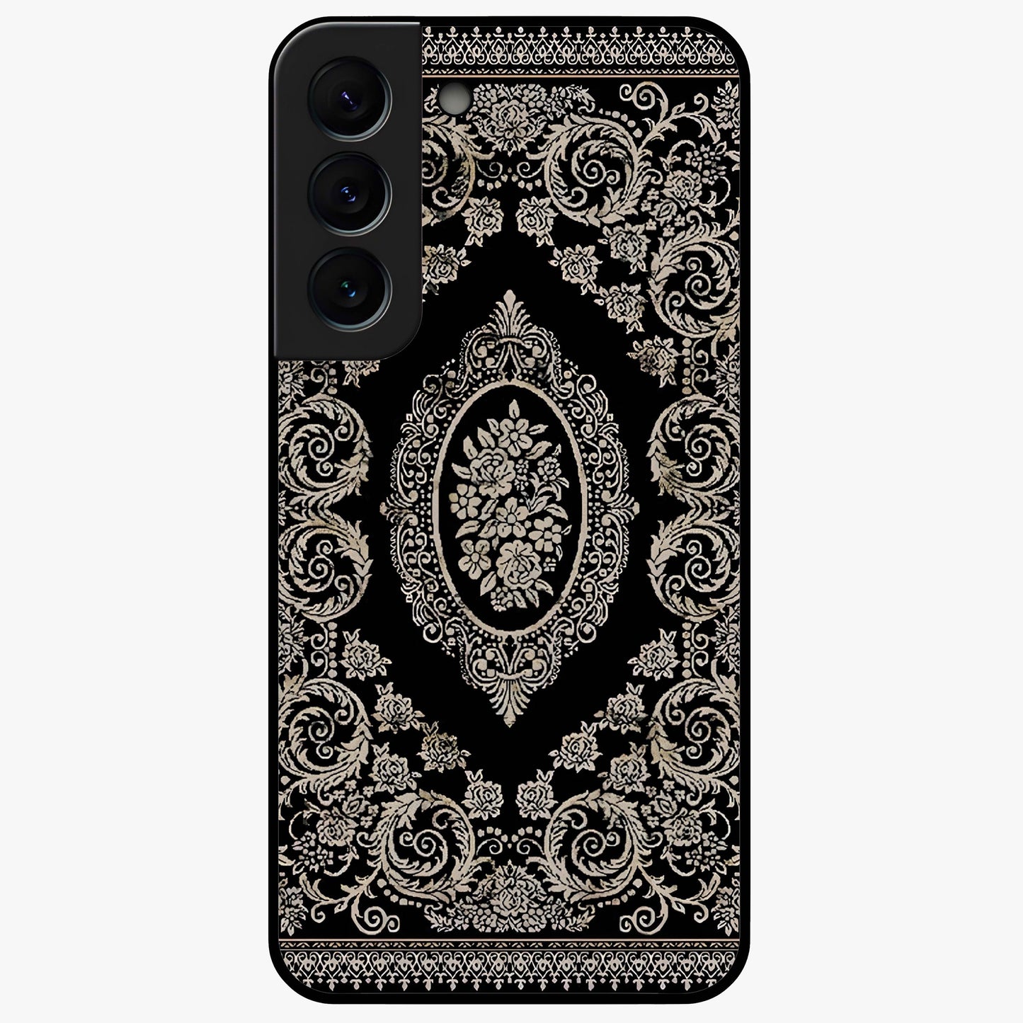 Noir Bloom Elegance Glass Case showing flat back view with elegant dark floral artwork and glossy glass finish.