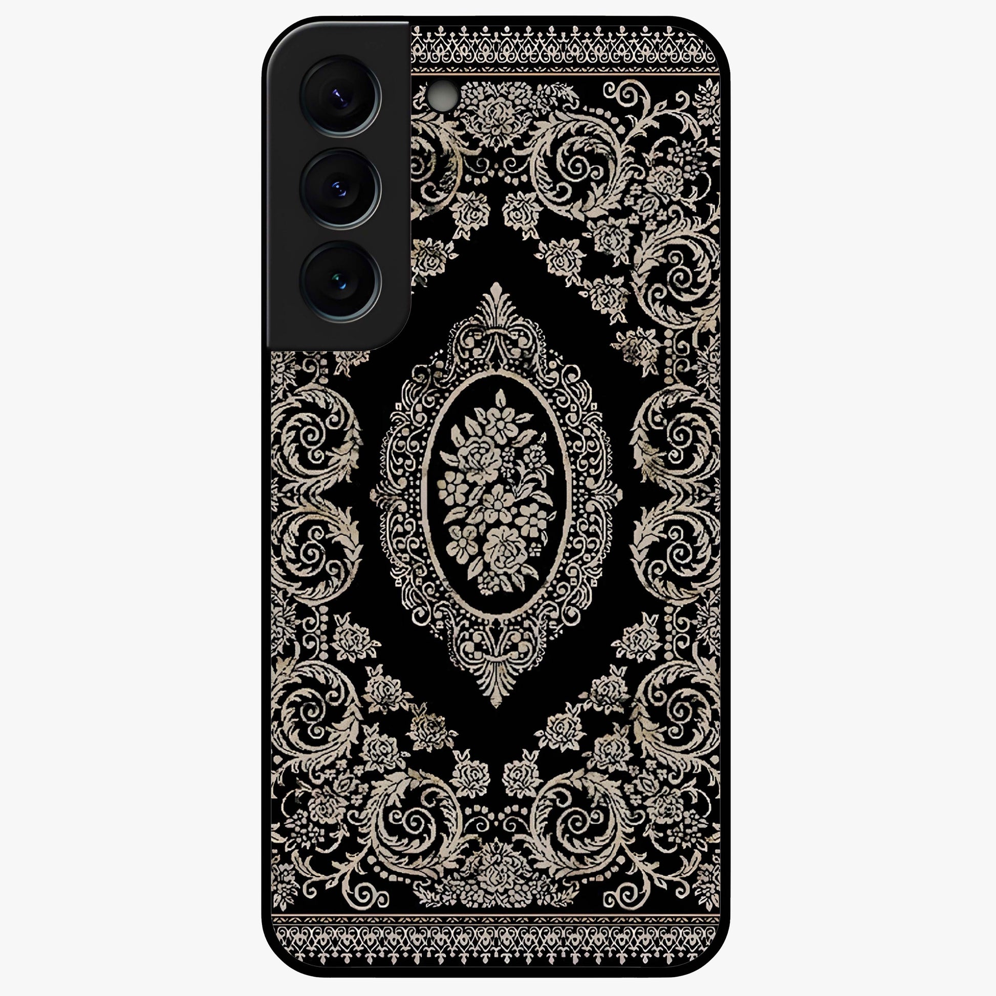 Noir Bloom Elegance Glass Case showing flat back view with elegant dark floral artwork and glossy glass finish.