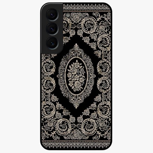 Noir Bloom Elegance Glass Case showing flat back view with elegant dark floral artwork and glossy glass finish.