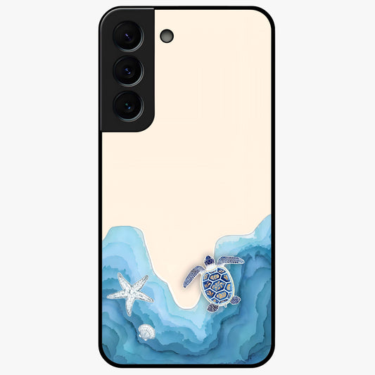 Ocean Drift Turtle Glass Case showing flat back view with sea turtle artwork and glossy glass finish.
