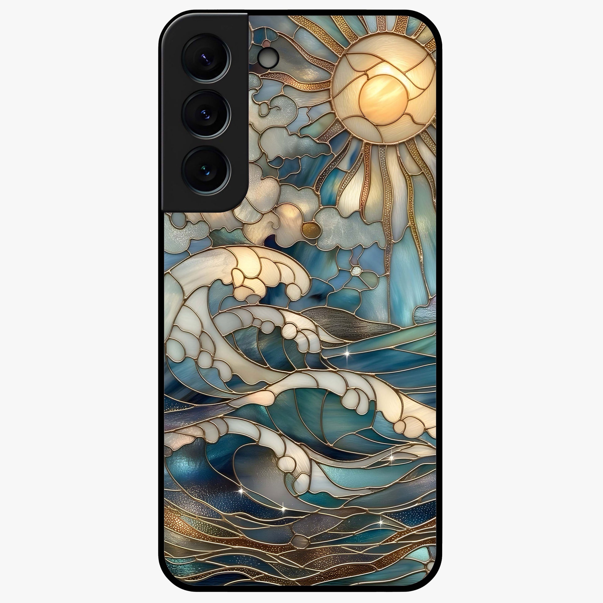 Oceanic Stained Printed Glass Case showing flat back view with ocean inspired stained pattern artwork and glossy glass finish.