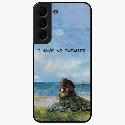 Peace Beyond War Glass Case showing flat back view with symbolic peace themed artwork and glossy glass finish.
