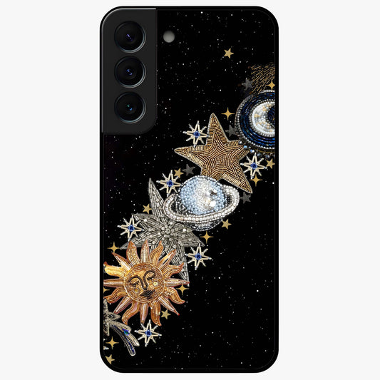 Pearls Universe Object Glass Case showing flat back view with pearl inspired cosmic artwork and glossy glass finish.