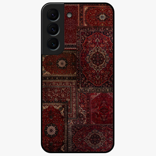 Persian Velvet Tale Glass Case showing flat back view with luxurious Persian velvet pattern artwork and glossy glass finish.