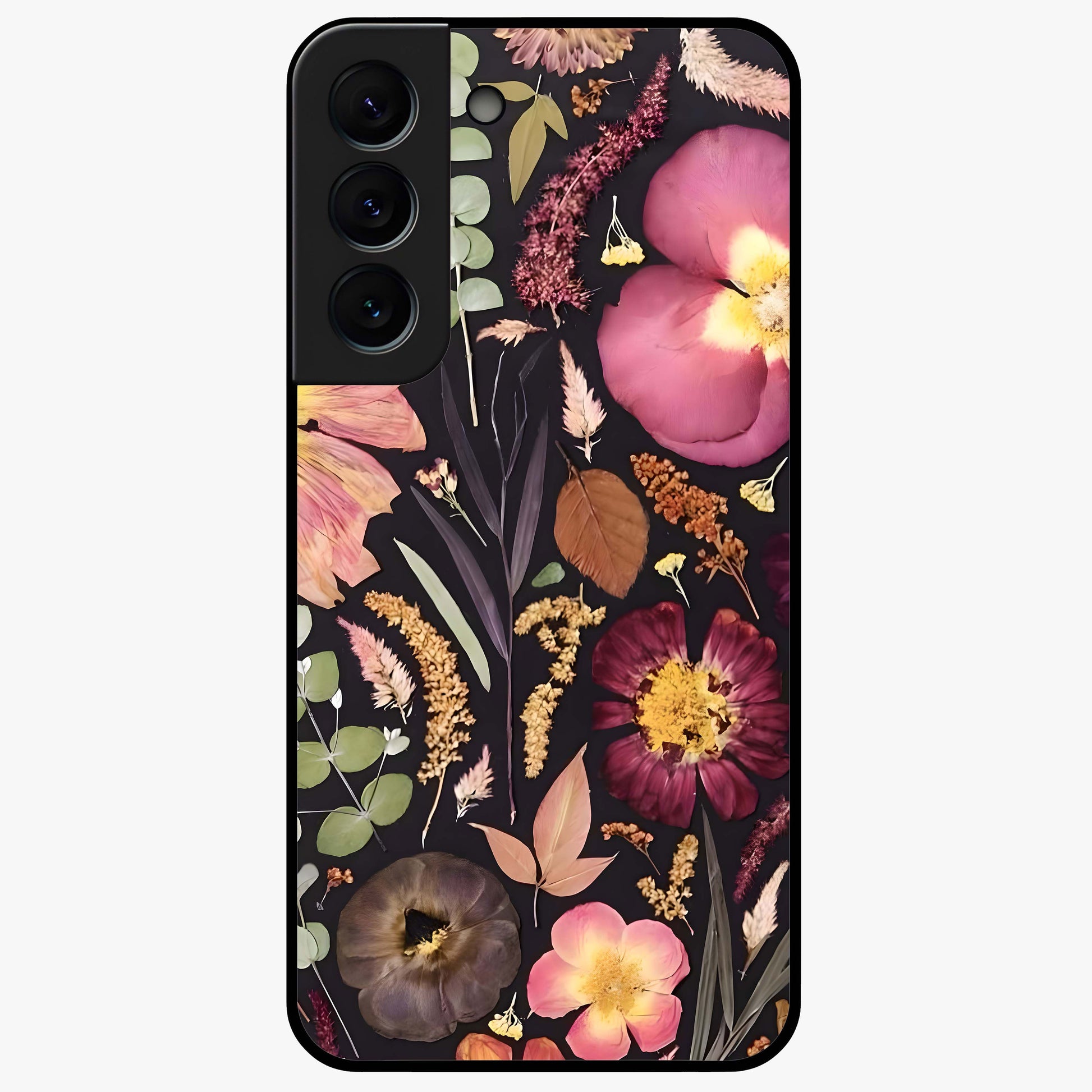 Petal Dream Tapestry Glass Case showing flat back view with intricate floral tapestry artwork and glossy glass finish.