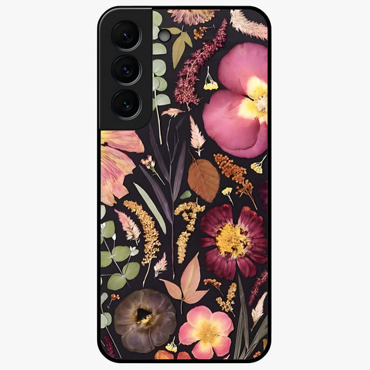 Petal Dream Tapestry Glass Case showing flat back view with intricate floral tapestry artwork and glossy glass finish.