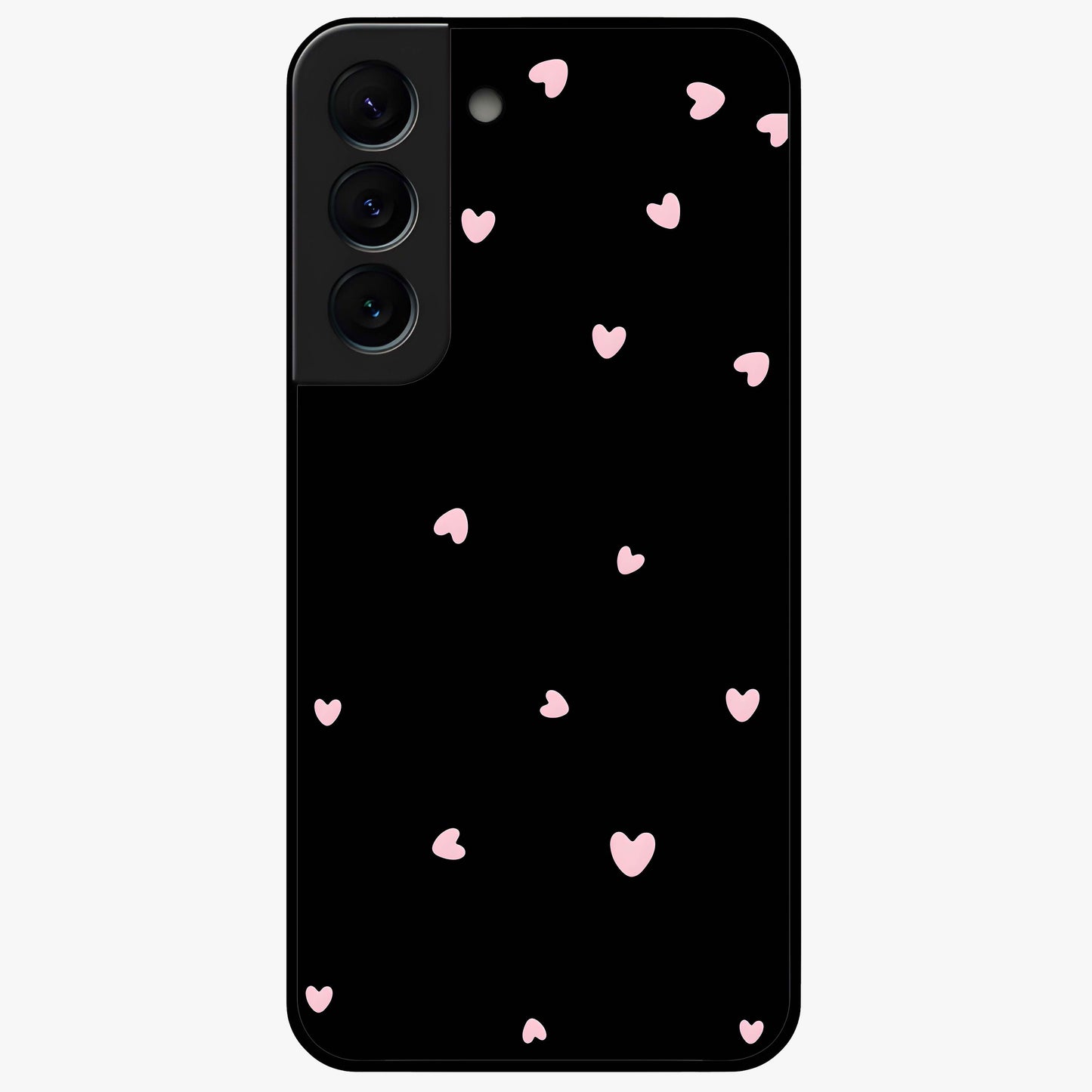 Pink Love Drops Glass Case showing flat back view with playful pink heart drops artwork and glossy glass finish.