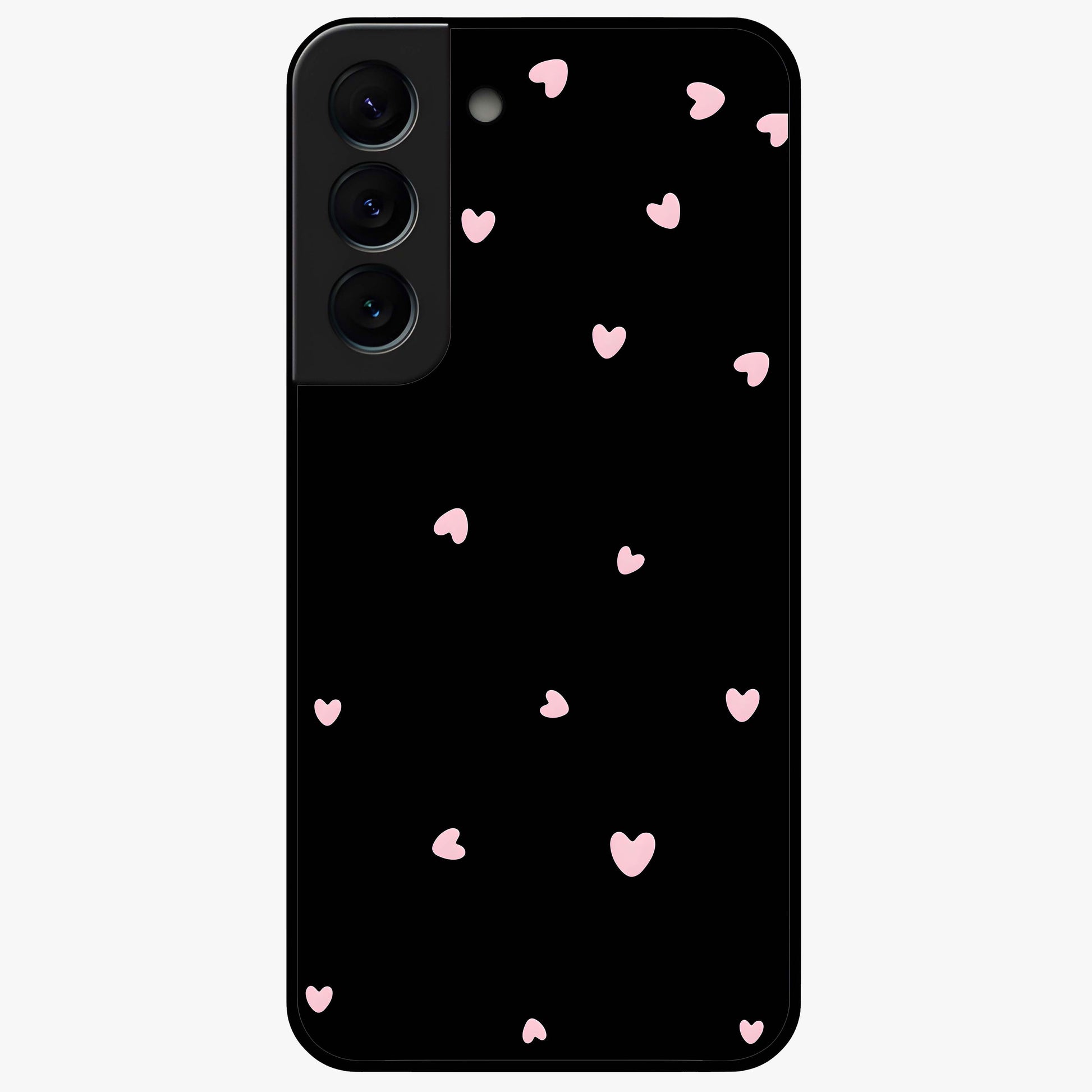 Pink Love Drops Glass Case showing flat back view with playful pink heart drops artwork and glossy glass finish.