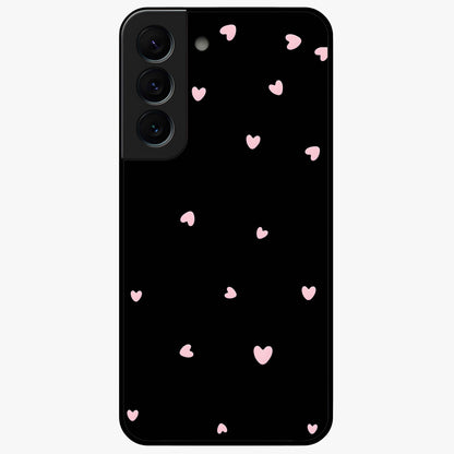 Pink Love Drops Glass Case showing flat back view with playful pink heart drops artwork and glossy glass finish.