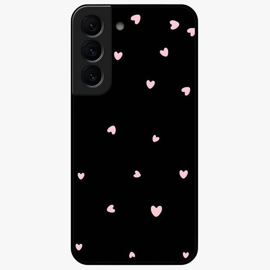 Pink Love Drops Glass Case showing flat back view with playful pink heart drops artwork and glossy glass finish.