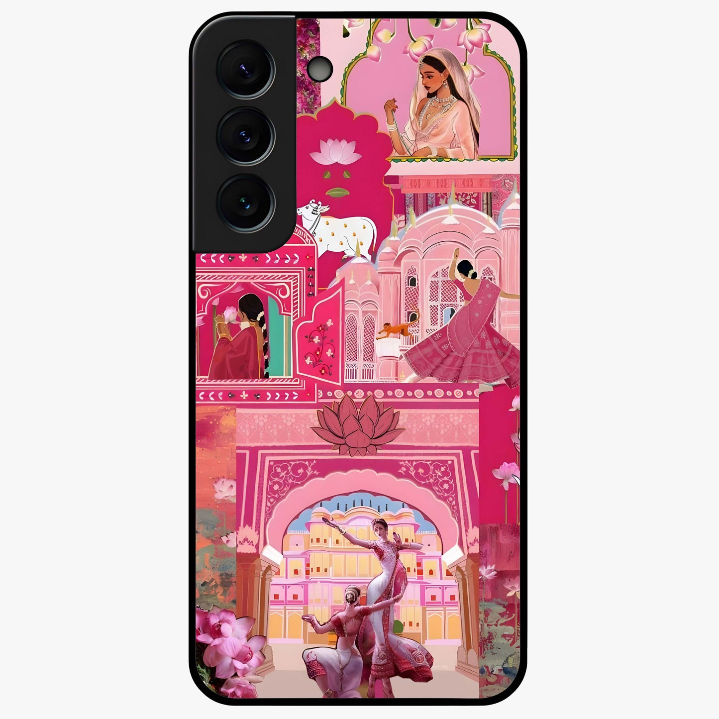 Pink Palace Muse Glass Case showing flat back view with elegant palace inspired artwork and glossy glass finish.