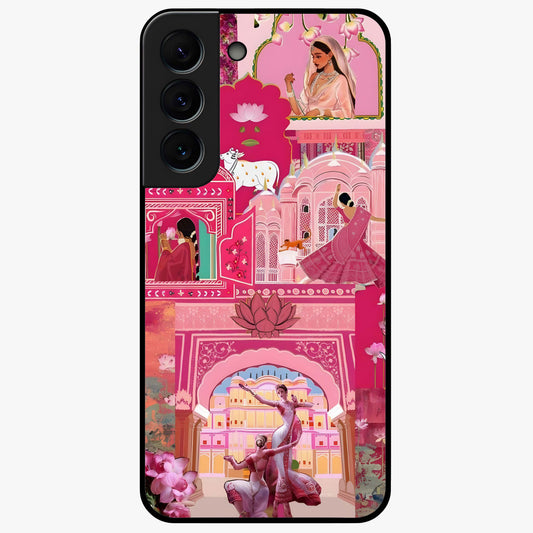 Pink Palace Muse Glass Case showing flat back view with elegant palace inspired artwork and glossy glass finish.