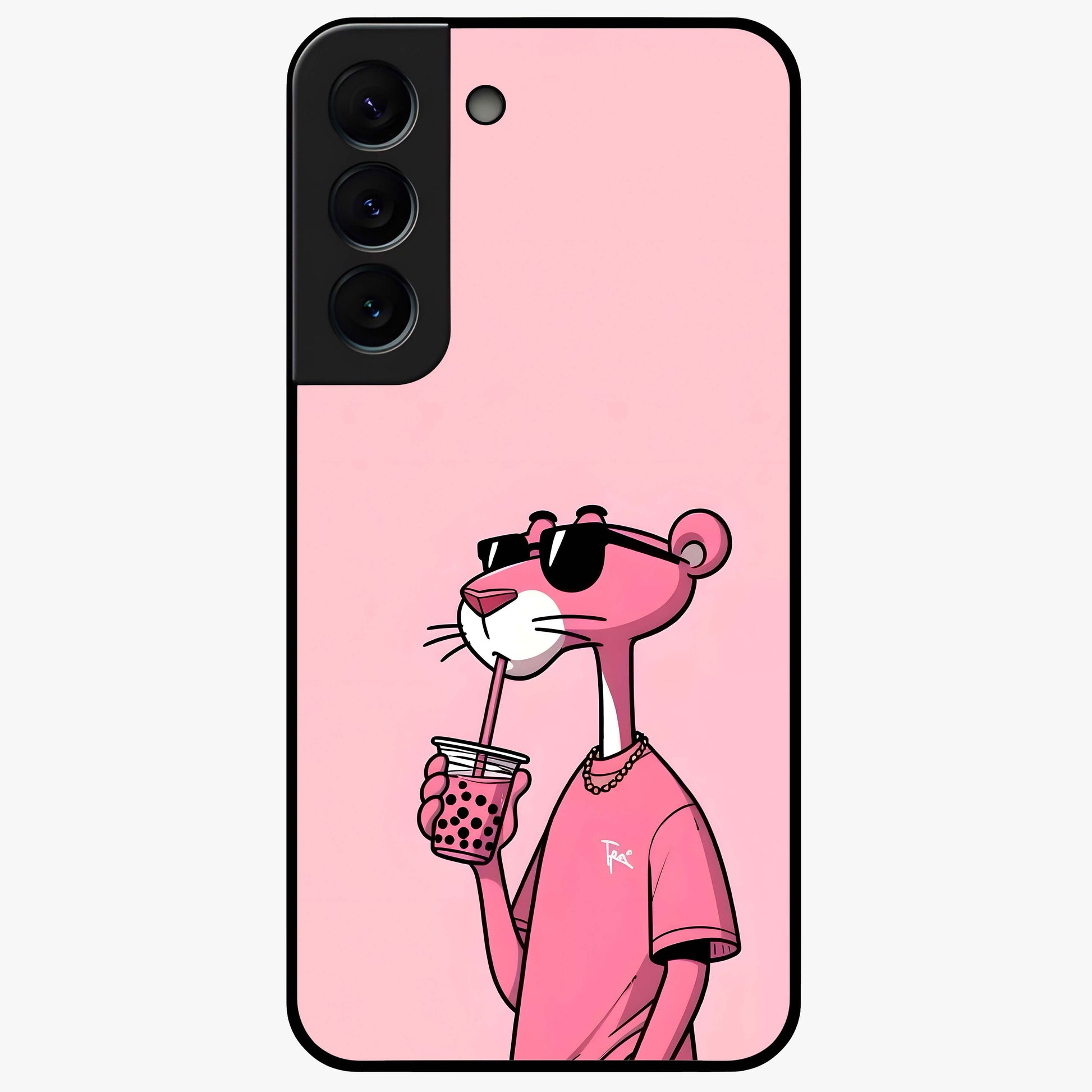 Pink Panther Glass Case showing flat back view with iconic pink panther artwork and glossy glass finish.