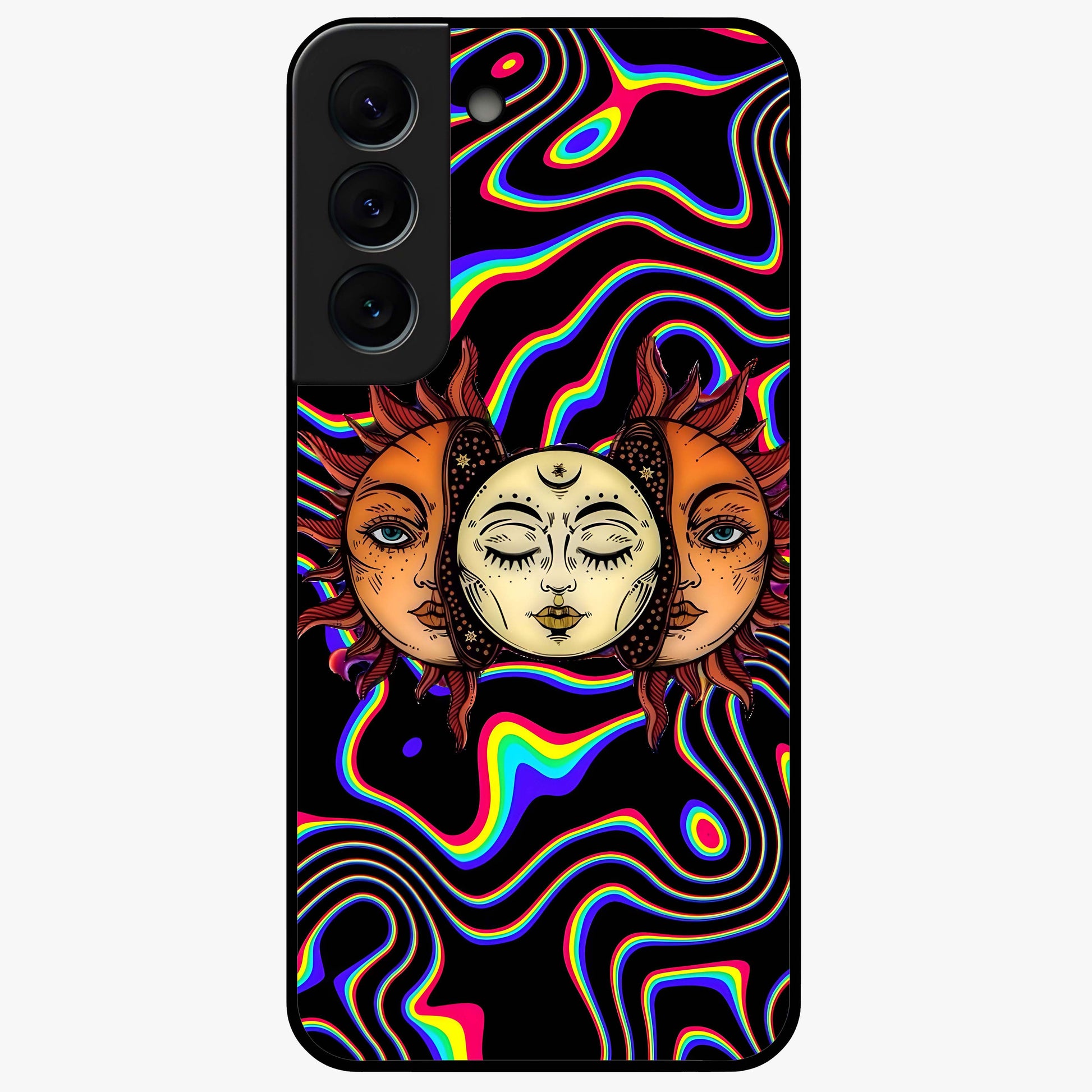 Psychedelic Sun Glass Case showing flat back view with colorful psychedelic sun artwork and glossy glass finish.