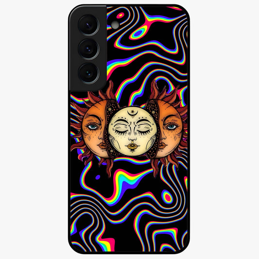 Psychedelic Sun Glass Case showing flat back view with colorful psychedelic sun artwork and glossy glass finish.