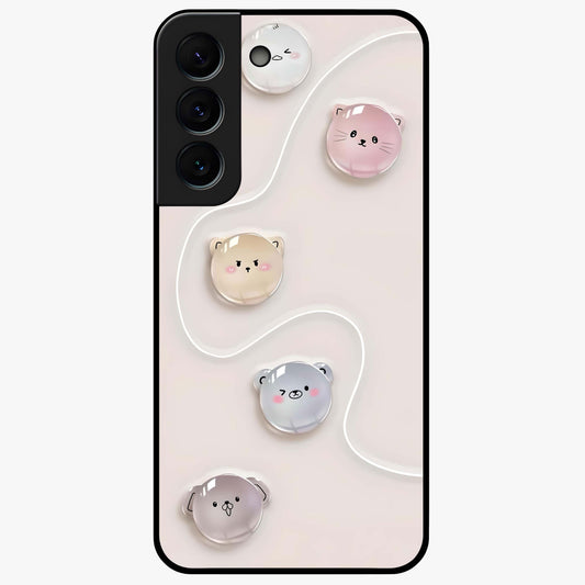 Puffy Face Parade Glass Case showing flat back view with cute puffy character faces artwork and glossy glass finish.