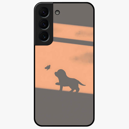 Puppy Shadow Art Glass Case showing flat back view with cute puppy shadow style artwork and glossy glass finish.