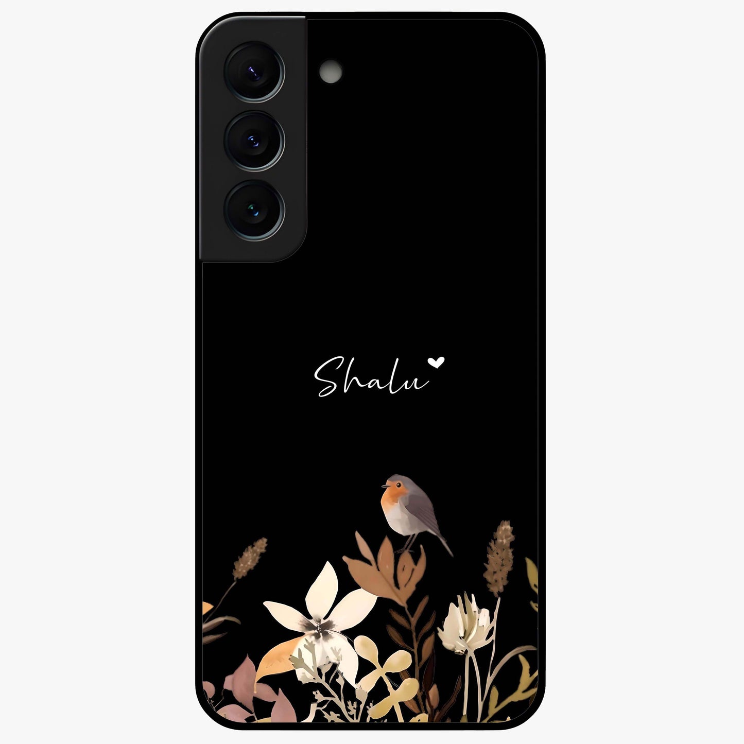 Quiet Garden Tune Custom Name Glass Case showing flat back view with peaceful garden artwork and personalized name design.