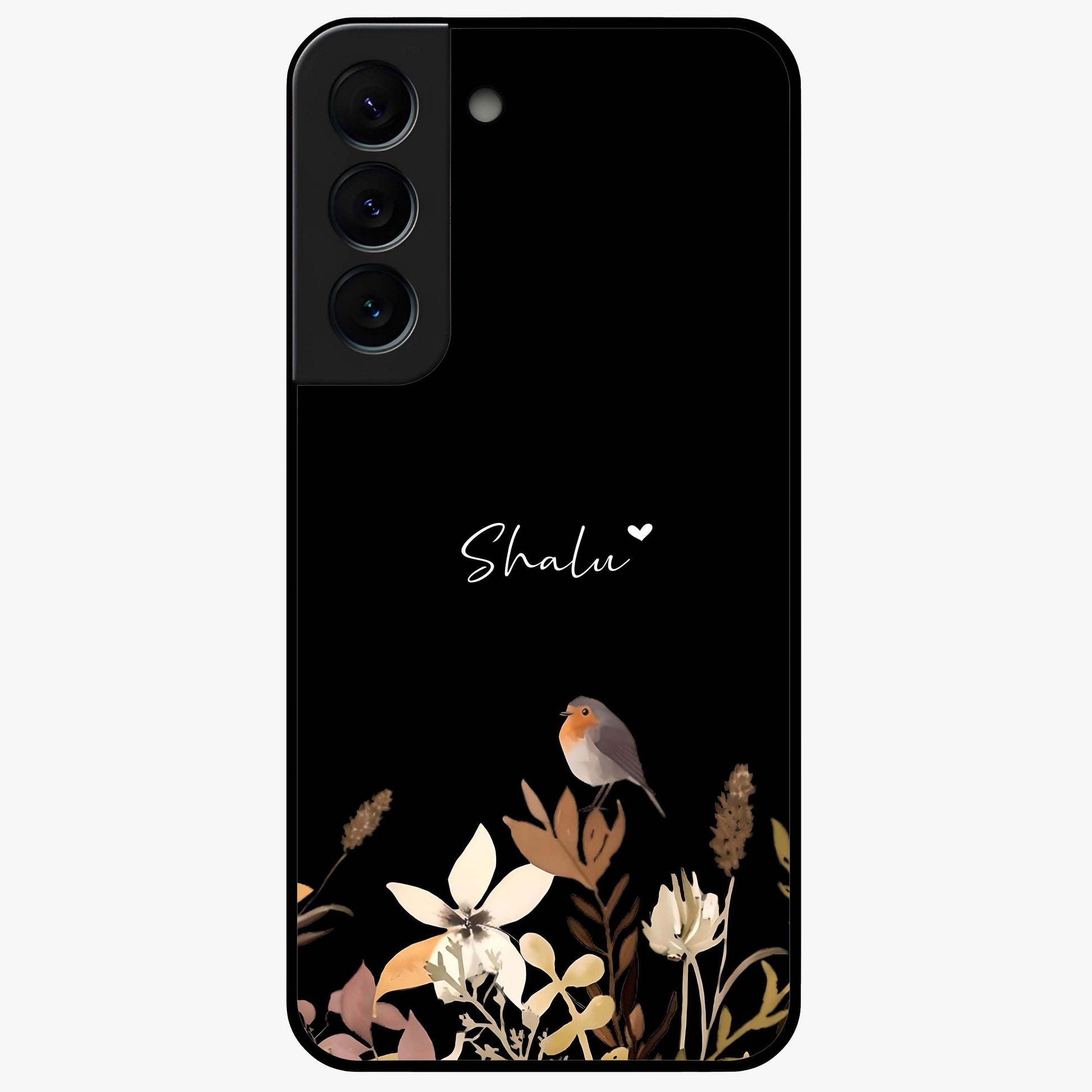 Quiet Garden Tune Custom Name Glass Case showing flat back view with peaceful garden artwork and personalized name design.