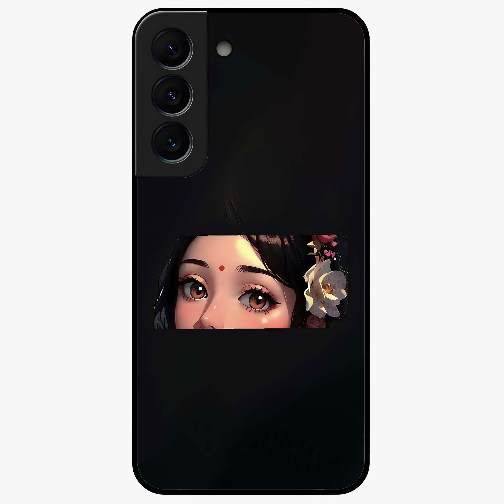 Radha Divine Embrace Glass Case showing flat back view with devotional Radha artwork and glossy glass finish.