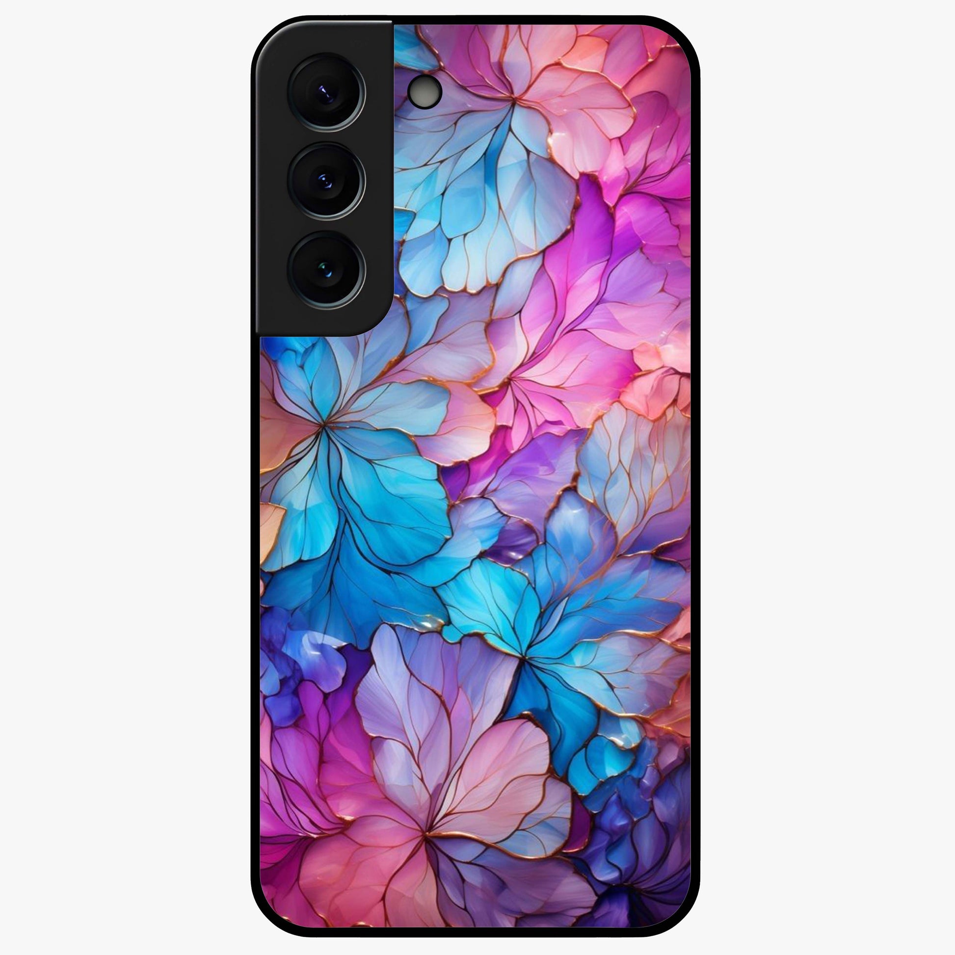 Radiant Floral Whirl Glass Case showing flat back view with swirling floral artwork and glossy glass finish.