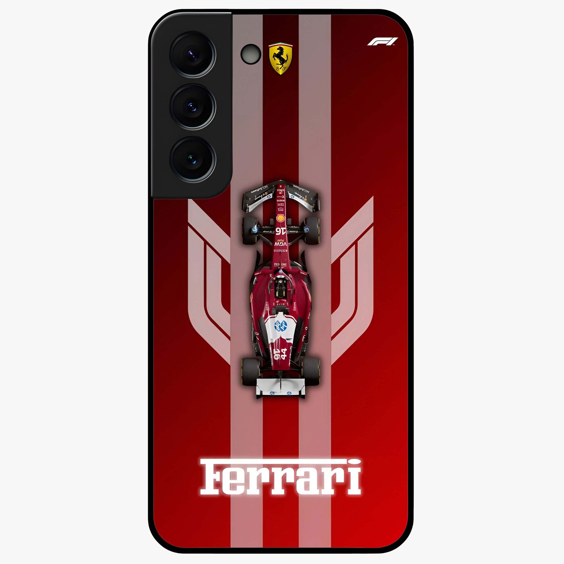 Red Ferrari F1 Vertical Glass Case showing flat back view with sleek Formula racing car artwork and glossy glass finish.