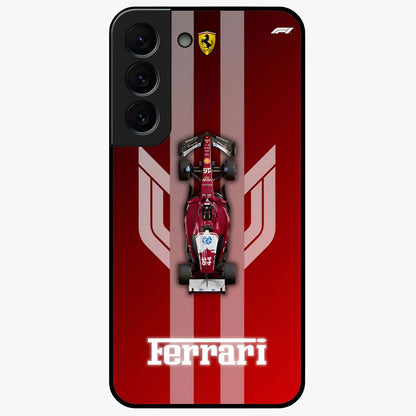 Red Ferrari F1 Vertical Glass Case showing flat back view with sleek Formula racing car artwork and glossy glass finish.