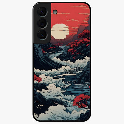 Red Sunset Scenery Glass Case showing flat back view with vibrant sunset landscape artwork and glossy glass finish.