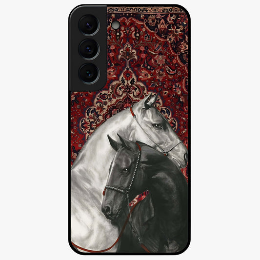 Regal Stallion Tapestry Glass Case showing flat back view with majestic horse tapestry artwork and glossy glass finish.