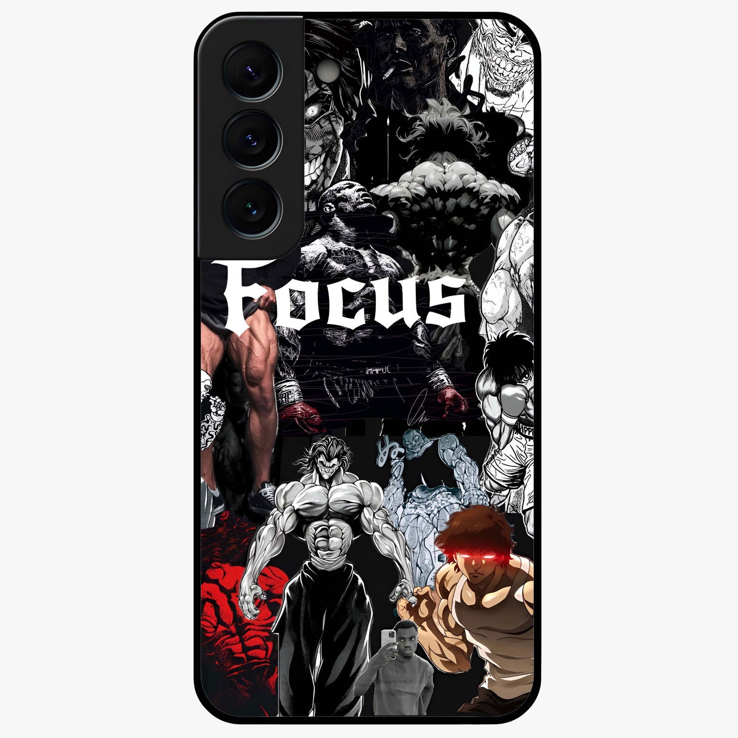 Relentless Power Focus Glass Case showing flat back view with motivational typography artwork and glossy glass finish.