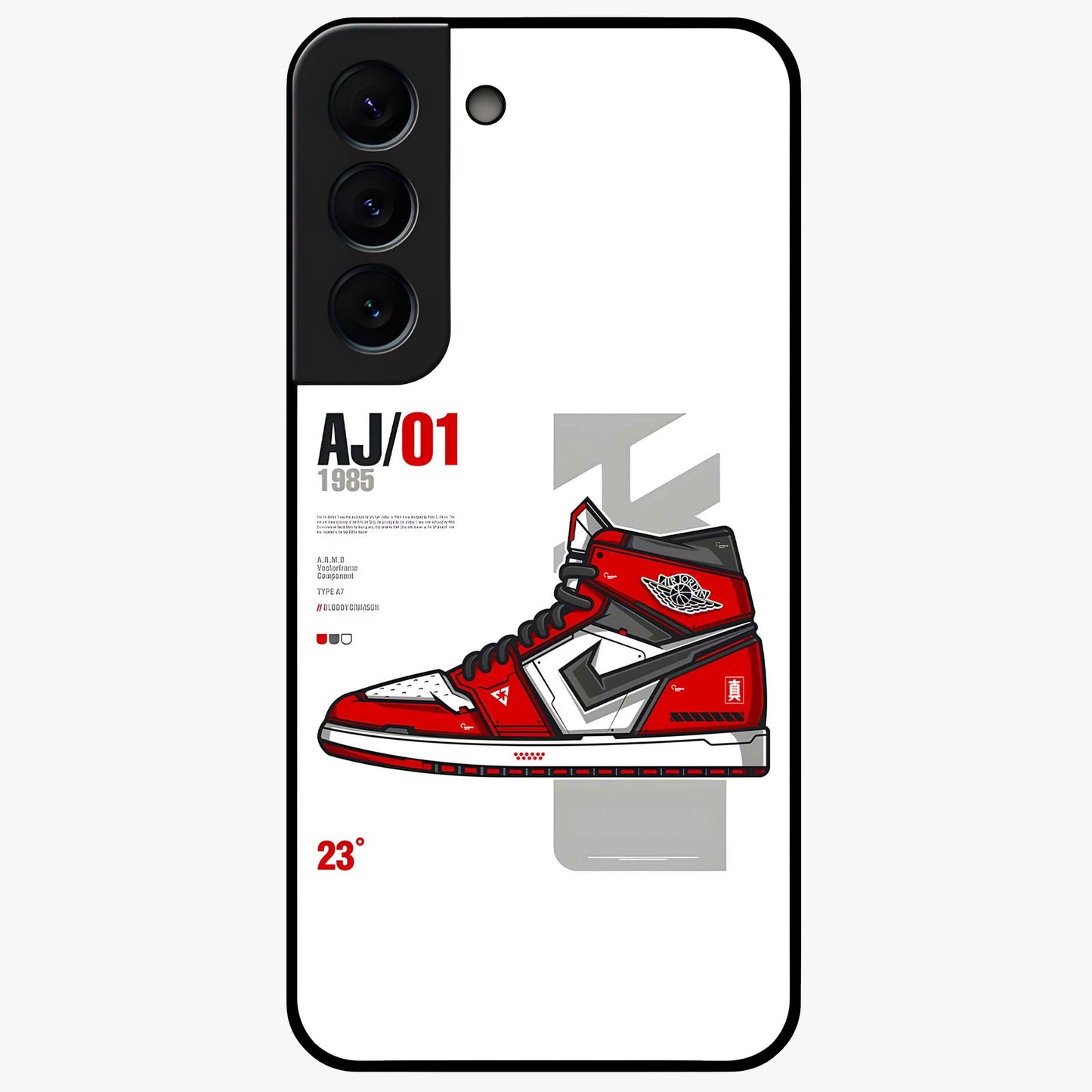 Retro Sneaker Blueprint Glass Case showing flat back view with sneaker blueprint style artwork and glossy glass finish.