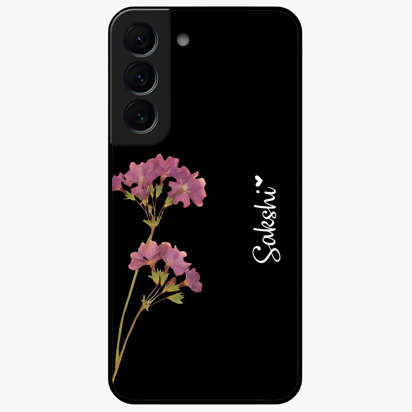 Riching Lavender Flower Custom Name Glass Case showing flat back view with lavender floral artwork and personalized name design.