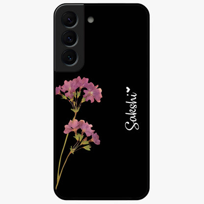Riching Lavender Flower Custom Name Glass Case showing flat back view with lavender floral artwork and personalized name design.