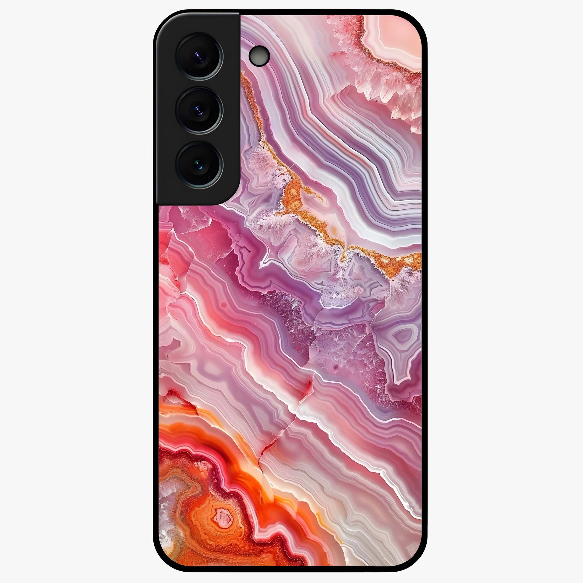 Rose Quartz Marble Glass Case showing flat back view with pink marble quartz texture artwork and glossy glass finish.