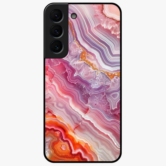 Rose Quartz Marble Glass Case showing flat back view with pink marble quartz texture artwork and glossy glass finish.