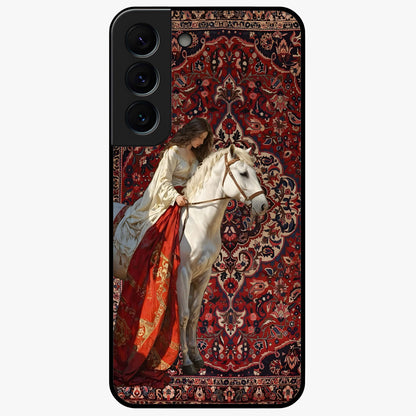 Royal Rider Tapestry Glass Case showing flat back view with majestic horse rider tapestry artwork and glossy glass finish.