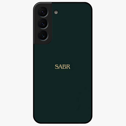Sabr Minimal Patience Glass Case showing flat back view with minimalist typography artwork and glossy glass finish.