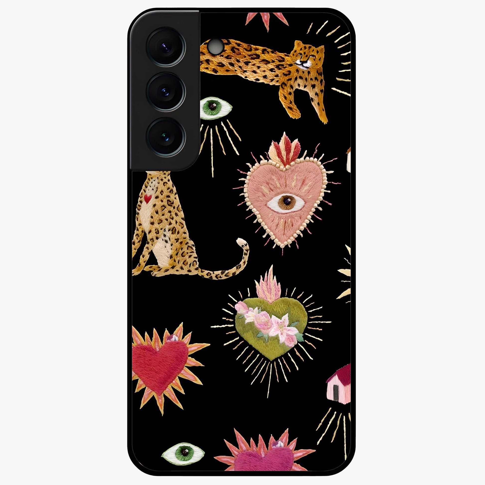 Sacred Jungle Heart Glass Case showing flat back view with jungle inspired heart artwork and glossy glass finish.