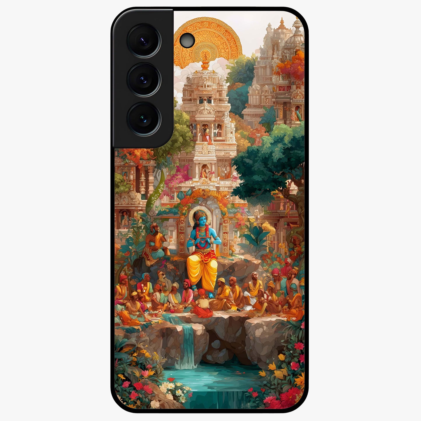 Sacred Sunlight Gods Glass Case showing flat back view with divine sunlight themed artwork and glossy glass finish.